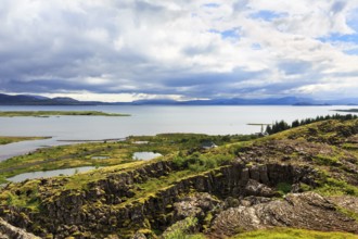 Thingvellir National Park, volcanic landscape with Lake Þingvallavatn, Thingvallavatn in summer,