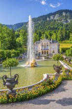 Water parterre with golden fountain and the front view of Linderhof Palace, Ettal, Ammertal, Upper