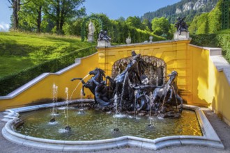 North parterre with Neptune Fountain at Linderhof Palace, Ettal, Ammertal, Upper Bavaria, Bavaria,
