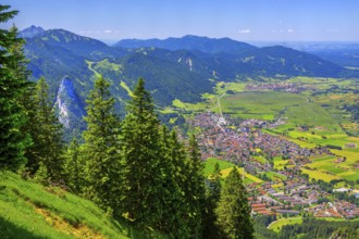 View from the Laber to the Kofel 1342m and the village, Oberammergau, Ammertal, Ammergebirge, Upper