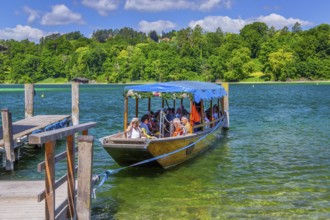 Ferry boat crossing to Roseninsel in Lake Starnberg, Feldafing, Upper Bavaria, Bavaria, Germany