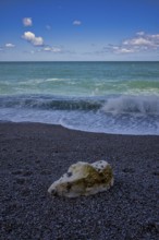 Rock on beach, pebble beach, surf, sea, clouds, Étretat, Normandy, Seine-Maritime, France