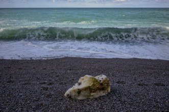 Rock on beach, pebble beach, surf, sea, clouds, Étretat, Normandy, Seine-Maritime, France