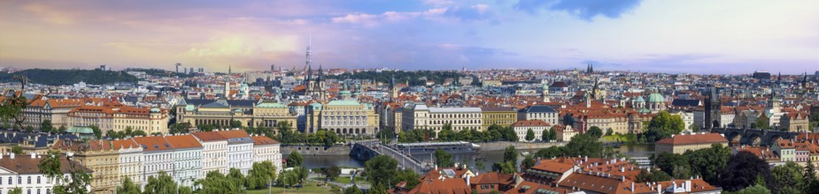 Czechia, Panoramic view of Prague, bridges over Vlatva river and Prague Old city