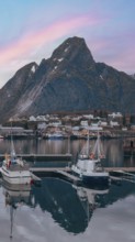 Beautiful Reine fishing village, scenic dramatic views of Lofoten islands in Norway