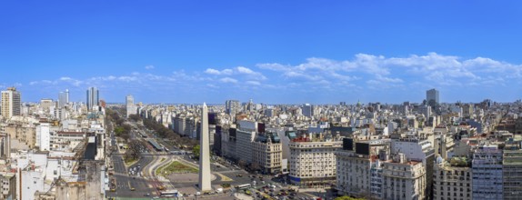 Panoramic cityscape and skyline view of Buenos Aires near landmark obelisk on 9 de Julio Avenue
