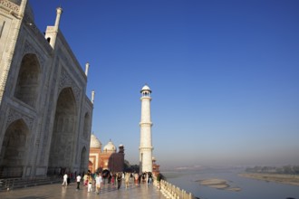 Taj Mahal or Taj Mahal in the morning light, on the right the river Yamuna, mausoleum, Agra, Uttar