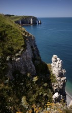 Rock arch Falaise or Porte d'Aval and rock needle Aiguille, Étretat, sea, steep coast, cliffs,
