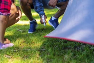 Campers are setting up their tent on a grassy campsite, using a hammer to secure the pegs and