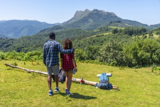 Couple admiring breathtaking mountain landscape during summer hike, enjoying the peace and beauty