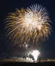Colourful fireworks, many, radiant illuminated sheaves, atmospheric fireworks in white and gold,