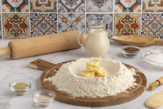 Piece of butter lies in a hollow of flour on a wooden board, surrounded by baking ingredients