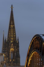 LED lights, evening mood at Cologne Cathedral, Hohenzollern Bridge, Cologne, North