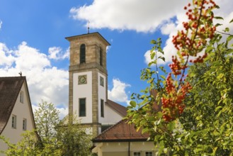 Protestant church, church, sacred building, church square, church tower, clock, on the right
