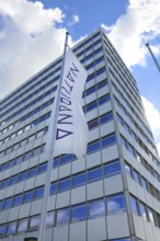 Naturana Miederfabriken, company building of Naturana Dölker Textilbekleidung, lettering, flag,