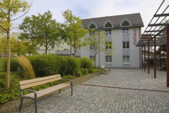 Town hall, paving stones, trees, house, building, bench, Oberuhldingen district,