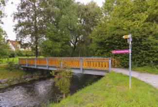 Sign, signpost, pile dwellings, writing, letters, bridge, watercourse, footpath, Oberuhldingen