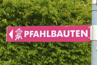 Sign, signpost, pile dwellings, arrow, writing, letters, Oberuhldingen district,