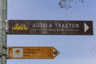 Sign, signpost, car and tractor museum, arrow, distance, writing, letters, Oberuhldingen district,