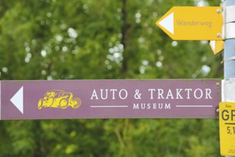 Sign, signpost, car and tractor museum, hiking trail, writing, letters, Oberuhldingen district,