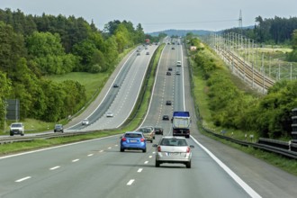 Long straight motorway A9 and ICE route over hills, Hilpoltstein, Middle Franconia, Franconia,