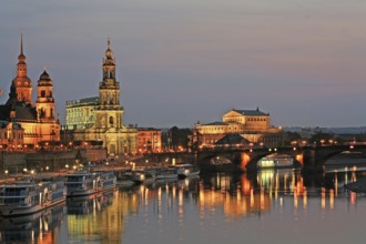 Panorama, Skyline, Dresden old town at night, reflected in the Elbe, Dresden, Germany