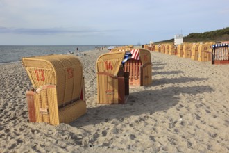 Empty, locked beach chairs on the beach, beach chair, sandy beach, Baltic Sea, Poel island,