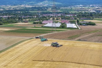 Extensive agricultural landscape with combine harvesters and tractors and fields against a mountain