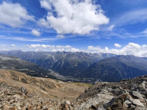 Scenic view from Gaislachkogel over the Ötztal Alps and down into the Ötztal near Sölden, Tyrol,