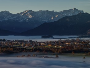 City, church, mountains, sunny, morning light, autumn, autumn color, fog, aerial view, Murnau,