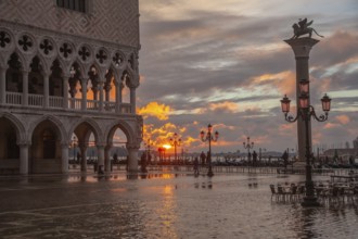 Sunrise through the Arches of Doge's Palace in Piazzetta San Marco, Venice, Veneto, Italy