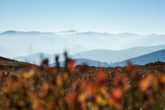 Staggered mountain ranges in haze, at Hohneck, Col de la Schlucht, Vosges, Alsace-Lorraine, Vosges