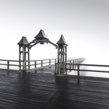 Seebrücke, Sellin, archway, with dock to the diving bell at dawn in Nebek, seaside resort Sellin,
