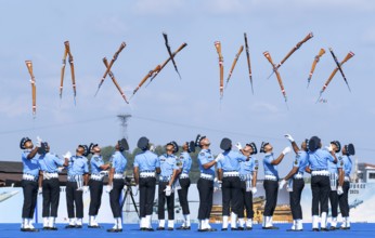 Indian Air Force personnel perform a bayonet drill demonstration as part of the 93rd Air Force Day