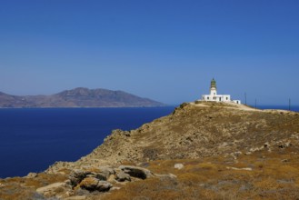 Mykonos, Cyclades, Greece - The Armenistis lighthouse in the north of the island is a landmark and