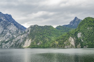 Landscape of Lake Traunsee on a rainy day in spring, Traunstein summit, Traunkirchen,