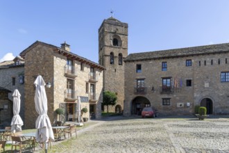 Church tower and town hall, historic buildings medieval village of Ainsa, Aínsa-Sobrarbe, Huesca