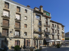 Buildings in main square plaza of historic medieval village of Boltana, Huesca province, Aragon,