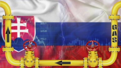 Gas exports from Russia to Slovakia on financial chart background. Russian gas export pipeline to