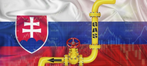 Gas pipeline with Russian and Slovak flag. Production and export of Russian gas to Slovakia