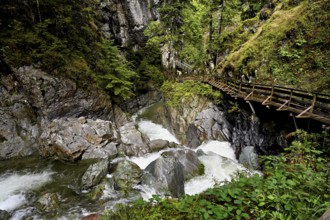 Wooden walkway on the Diosaz mountain river in the gorge, Gorges de la Diosaz, Les Houches,