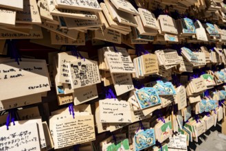 Ema, small wooden tablets with wishes and prayers, hung so that the Kami spirits or gods can