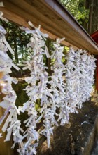 Omikuji papers hung on a wire, Shinto Shrine, Hakone Shrine, Hakone, Japan