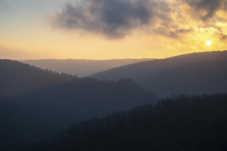 Sunrise, sun rising over hills, Thayatal National Park, Lower Austria, Austria