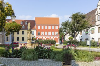 Cathedral Square with historic buildings and Ekkehard fountain, Naumburg (Saale), Saxony-Anhalt,