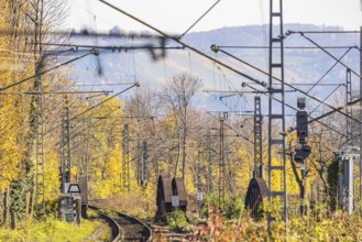 Autumn landscape with Deutsche Bahn infrastructure and arched bridge. Stuttgart, Baden-Württemberg,