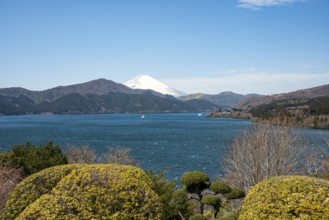 View of Lake Ashi with Mount Fuji volcano, Benten-no-hana Tenbodai viewpoint, Hakone Park, Hakone,