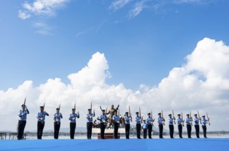 Indian Air Force personnel performs a bayonet drill demonstration on the bank of Brahmaputra river,