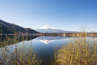 Volcano Mt. Fuji is reflected in Lake Kawaguchi, Yamanashi Prefecture, Japan