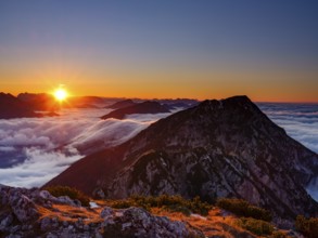 Alpine panorama at sunset, fog in the valley, Hochstaufen, Chiemgau Alps, Upper Bavaria, Bavaria,